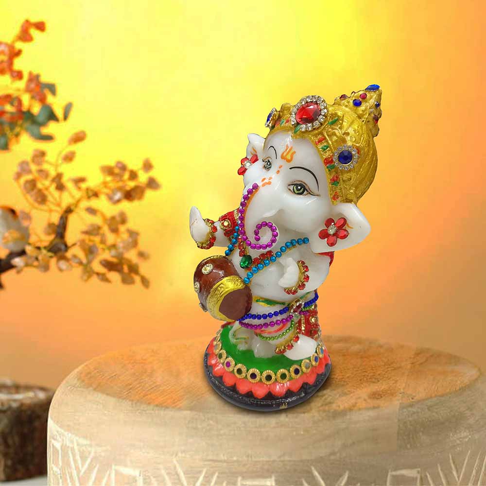 White Lord Ganesha Idol With Dholak